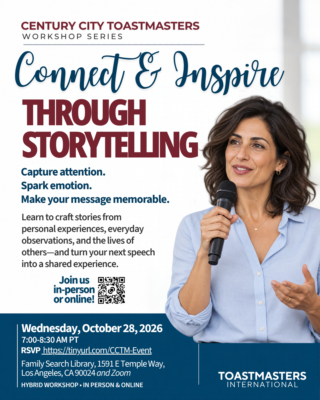 Century City Toastmasters Connect and Inspire Through Storytelling workshop flyer