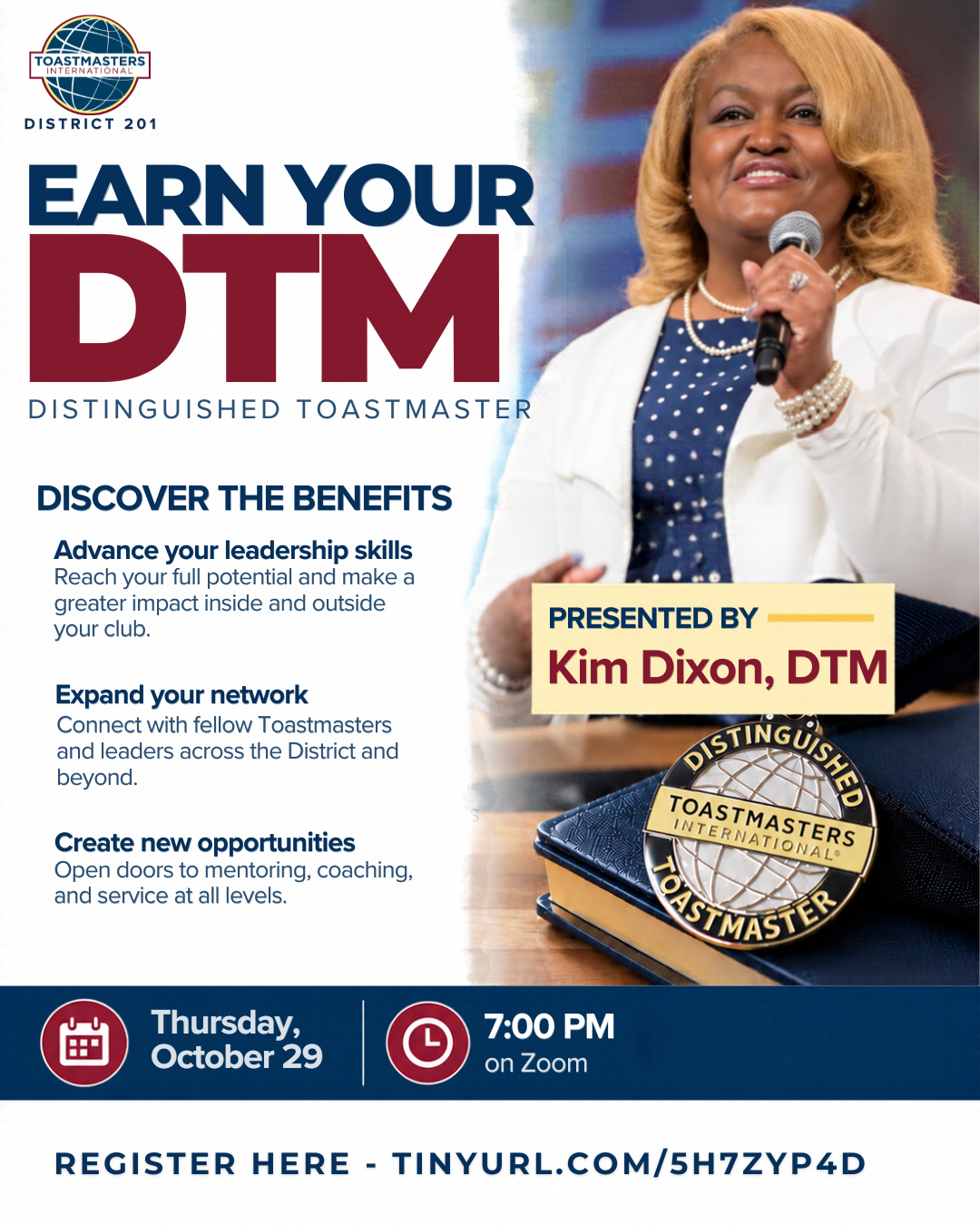 Earn Your DTM with Kim Dixon, DTM, Thursday October 29 at 7pm on Zoom.